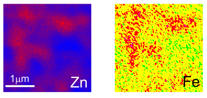 Fluorescence maps showing the correlation of zinc oxide pigments (labeled Zn) and iron (Fe) impurities in the house paint “Ripolin blanc de neige,” originally sold in France.