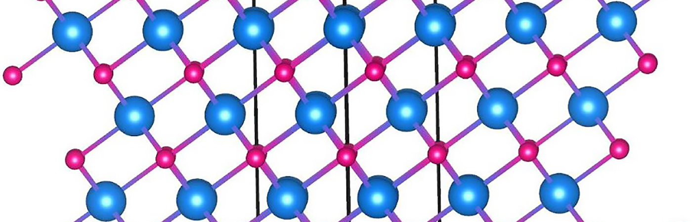 Groupings of blue, red and green/gray dots joined by red lines in a crystalline structure, with a graph showing absorption data. 