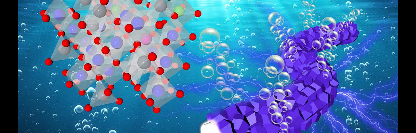 Illustration of red dots surrounding larger multicolored dots next to a blue shape with various polygons along its surface, all underwater with oxygen bubbles rising from the blue shape.