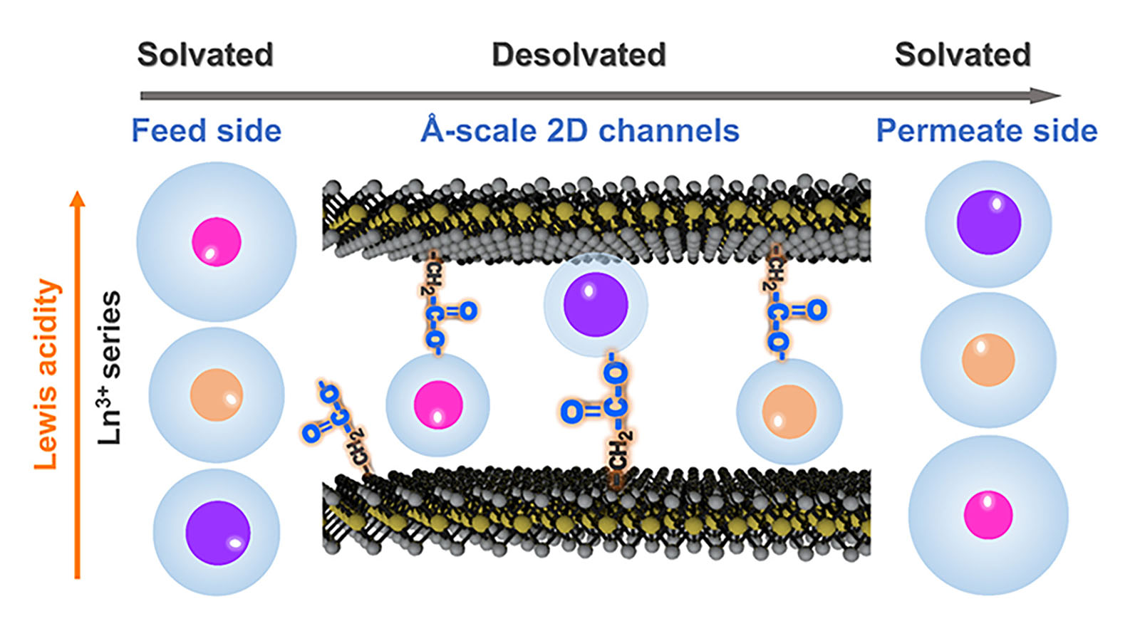 Two graphs showing X-ray data and one diagram with multicolored spheres showing lanthanide separation under 2D confinement. 