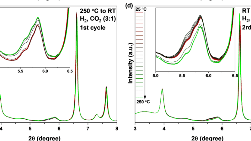 A series of graphs showing X-ray patterns and images of electron microscopy results. 