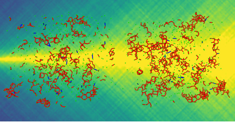 An illustration of tiny red segments migrating over time as the background colors change to signify altered structures of metallic glasses. 