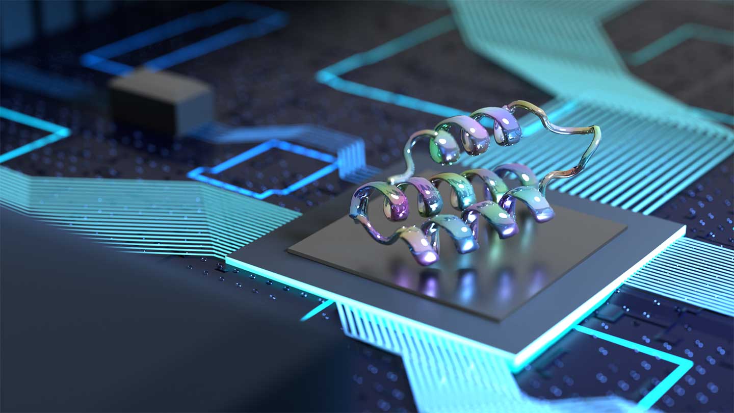 Illustration of a protein structure atop a microchip.