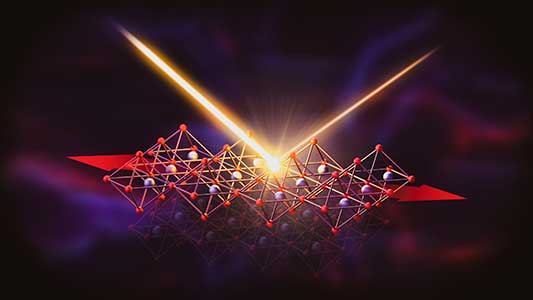 Illustration of an atomic structure as a very bright light diffracts off of it.
