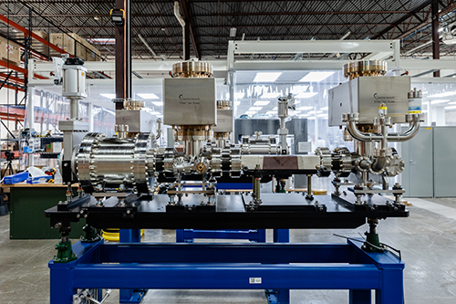 One of the fully assembled new front end exit tables that will be installed in the upgraded APS. New front end systems have been designed and are being built for every insertion device beamline at the APS, to deliver the brighter X-ray beams to the research stations.