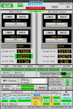 A view of a series of readouts with green lights, showing that beam is back in the booster accelerator