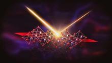 Illustration of an atomic structure as a very bright light diffracts off of it.